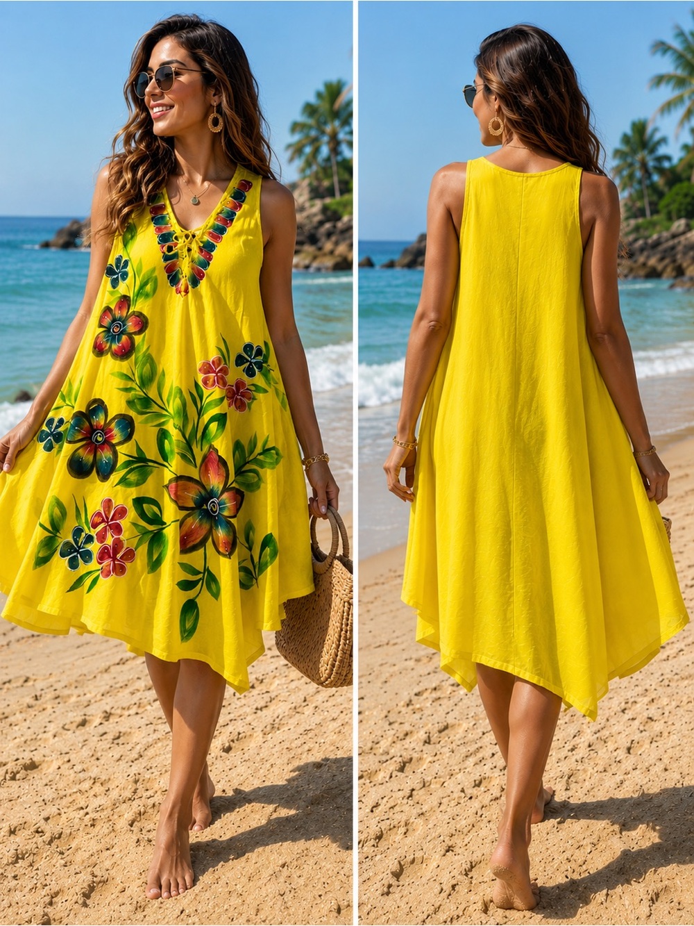 Bright Yellow Floral V-Neck Sleeveless Summer Dress